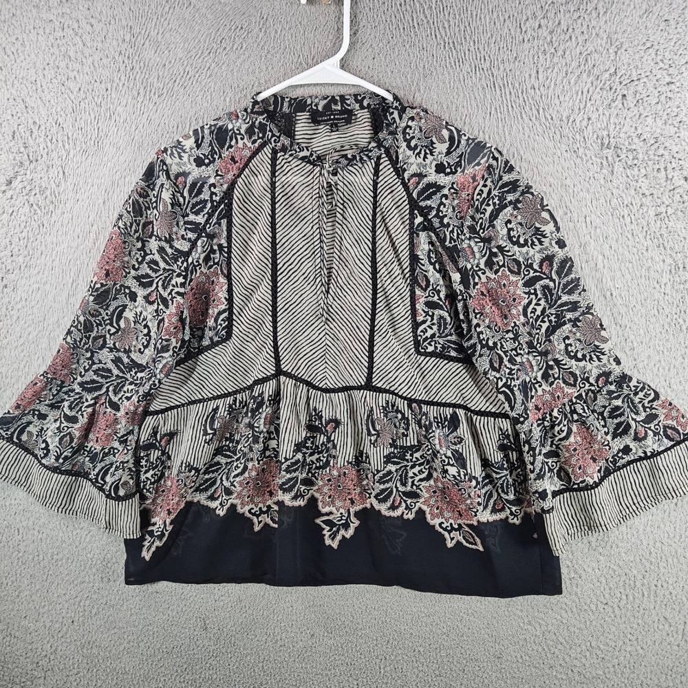 Lucky Brand Mixed Floral Stripe Boho Peasant Blouse Bell Sleeve Black Pink Large